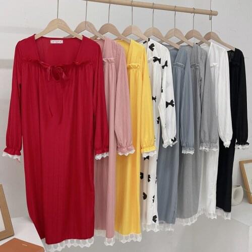 2021 Autumn Long Sleeve Sexy V-neck Nightgowns for Women Korean Cute Lace Bow Sleepwear Home Dress Night Dress Nightdress Nighty