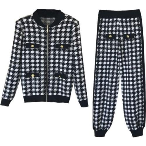 Retro black and white plaid casual wide-leg lantern pants set women autumn winter Korean version of fashion and foreign style tw