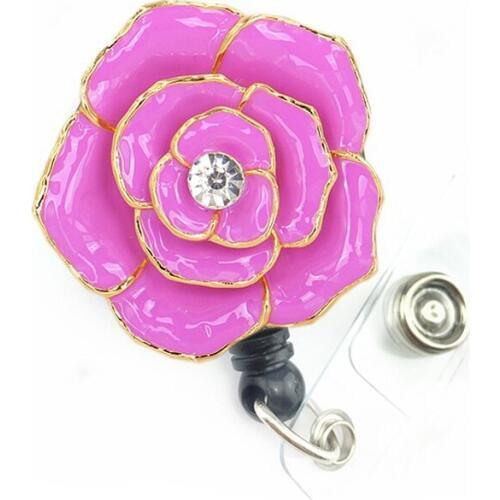 20/50/100pcs/lot Wholesale pink enamel rhinestone rose flower Retractable Badge Reels For Student/Nurse ID Badge Holder