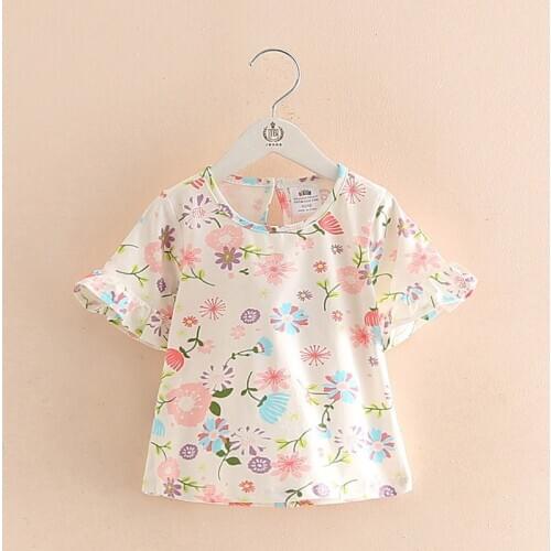 2021 Summer Short-Sleeve 2-10 Years Female Childrens Clothing Colurful Flower Print Baby Kids Girl Trumpet Flare Sleeve T-Shirt