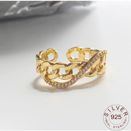 925 Sterling Silver New Simple Chain Zircon Curve Gold Color Rings Interware Opening Handmade Ring Fashion Fine Jewelry