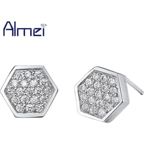 Almei 15%Off Hexagonal Fashion Earrings Stud Silver Color Full Micro Pave CZ Zircon Earring 2017 Womens Day Gift Brinco R390