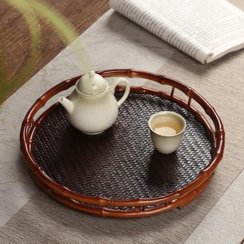 Chinese Style Tea Tray Bamboo Creative Kung Fu Round Tea Table Set Tea Tray Simple Vintage Bandeja Madera Teaware Tools DI50CP