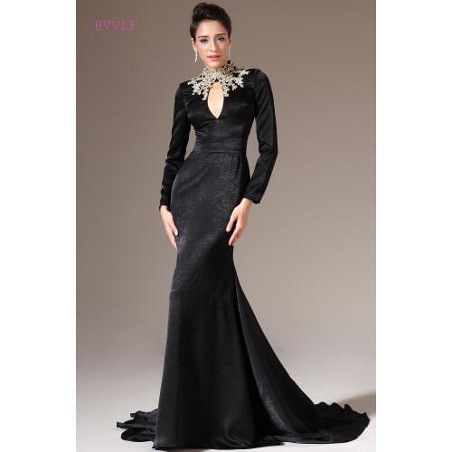 Black Evening Dresses Mermaid Long Sleeves Velvet Appliques Beaded Plus Size Long Evening Gown Prom Dresses Robe De Soiree
