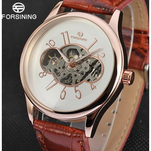 FORSINING Top Luxury Brand Hollow Out Mechanical Watches Men Skeleton Hand Wind Brown Leather Band Wrist Watch Relogio Masculino