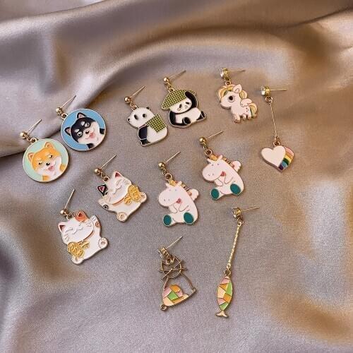 Cute Cartoon Earrings for Women Panda Unicorn Cat Dog Colorful Animal Asymmetric Drop Earrings Fashion Trend Girl Gift New 2021
