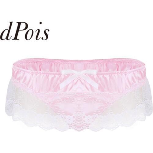Mens Shiny Soft Satin Lingerie Ruffled Floral Lace High Cut Low Rise Bikini G-string Thong Male Underwear Panties