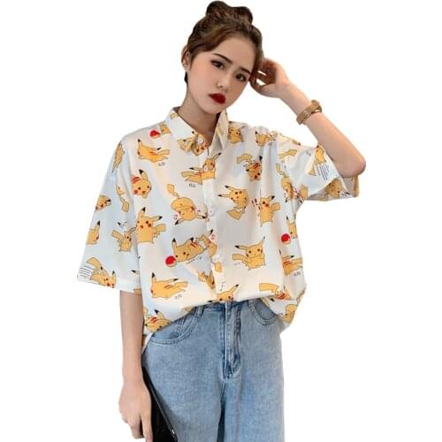 New Summer Kawaii Blouse Female Harajuku Cute Retro Cartoon Animal Print Blouses Femme Loose Short Sleeve Women Shirt Tops y2k