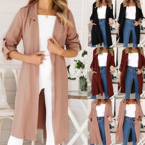 New Fashion Women Autumn Casual Solid Long Sleeve Turn-down Collar Casual Style Fashionable Coat Long Windbreaker Plus Size