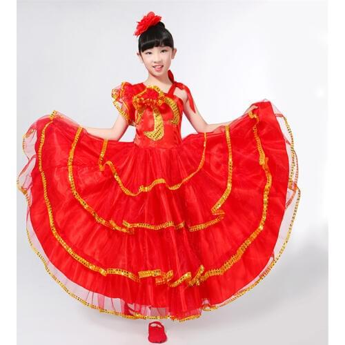 Girls Flamenco Dress Spanish Dance Gypsy Skirt Woman Stage Performance Spain Traditional Bullfighting Costumes 100-150CM DL4219
