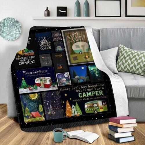 Happy Camping 3D Printed Plush Fleece Blanket Adult Home Office Washable Casual Kids Horror Sherpa Blanket 01