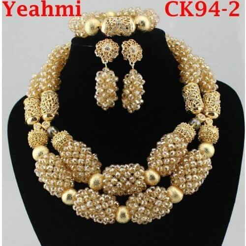 Latest African Wedding Nigerian Beads Jewelry Sets Yellow Bride Crystal Statement Necklace Set Women Gift Free Shipping CK94-1