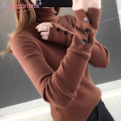 Aelegantmis Soft Button 8 Color Black White Sweater Women Turtleneck Pullovers Solid Autumn Jumper Korean Slim Pullovers Femme