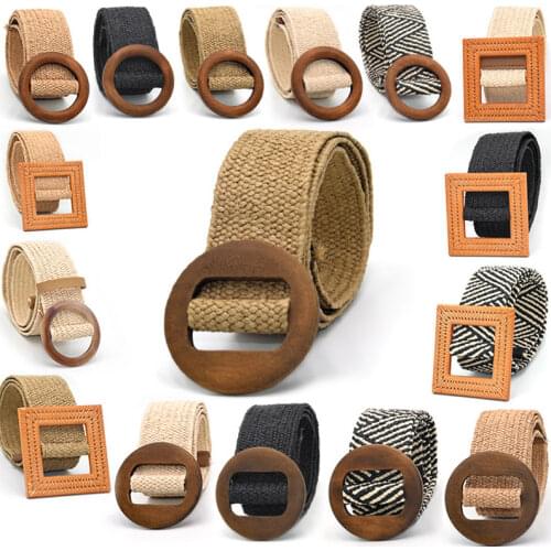 Leopard Buckle Waist Belt Women Elastic Belt Wooden Buckle Linen Weave Braided Belt Wide Waistband Fake Straw Vintage Bohemian