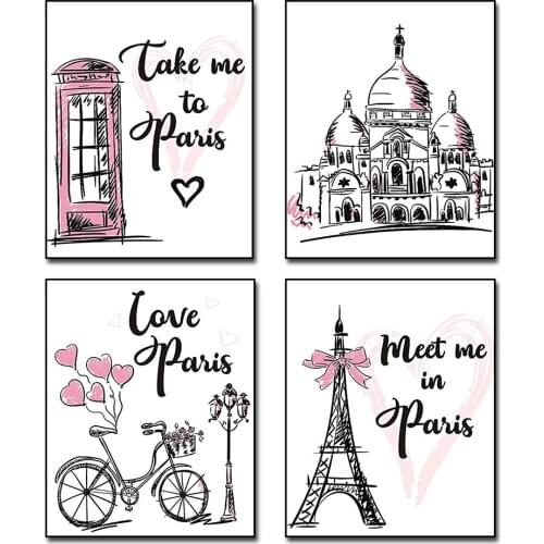 Pink Eiffel Tower Canvas Painting Watercolor Phone Booth Romantic Paris Cartoon Kawaii Kindergarten Wall Decor for Kids Bedroom