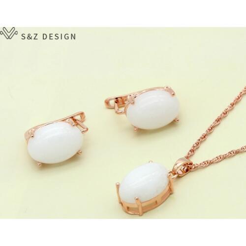S&Z DESIGN Korean Fashion Oval Egg Shape Natural Stone Stud Earrings 585 Rose Gold Pendant Necklace Jewelry Sets Gifts for Women