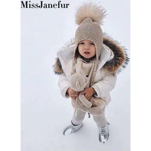 Children Kids Baby Large Ball Hat Winter Warm Cap Fox Fur Pom Knitted Patchwork Tassel Ear Protection Beanie Cap Bobble
