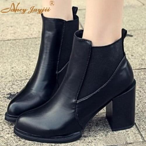 Nancyjayjii Fashion Black Round Toe Square High Heels Shoes Ankle Boots Slip-On Shoes Dress&Party&Office Shoes Women Plus 5-14