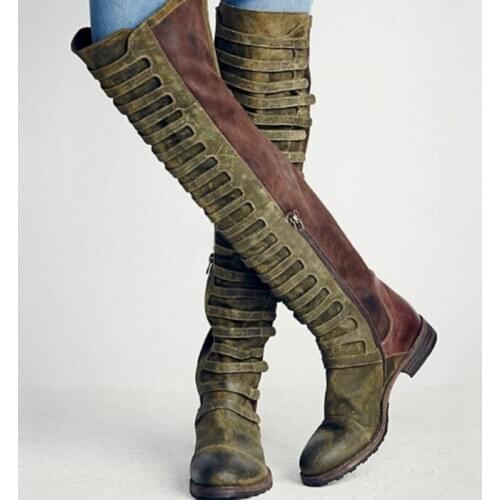 Vintage Thigh High Boots Women Retro Faux Leather Bottes Femme Over The Knee Boots Plus Size Botas Mujer Chaussures Femme