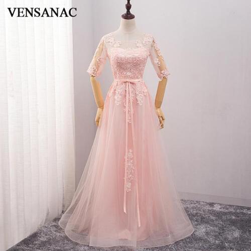 VENSANAC 2018 Lace Appliques O Neck Long A Line Evening Dresses Elegant Half Sleeve Party Bow Sash Tulle Prom Gowns