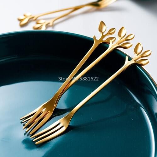 Stainless Steel Fruit Fork Sign Individuality Creativity Nordic Small Luxury Golden Small Fork Household Leaf Shape