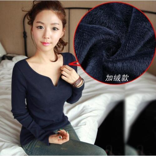Koeran Style Women Clothing V-Neck All-Match Female Long-Sleeve T-Shirt Plus Velvet Thickening Basic Warm Shirt Plus Size