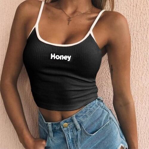2021 Summer Honey Letter Strap Tank Top Female Embroidery Strap Y2k Tops Slip Crop Tops Sexy Basic SlingStretch Mini Vest