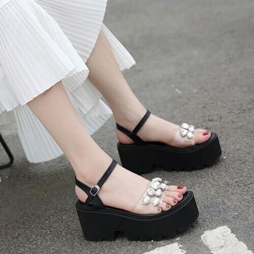 Women Punk Rock Thick Platform heels Sandals Wedge Shoes Lolita Open Toe Gladiator Sandals transparent shoes rhinestone sandals