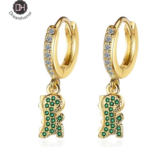Dreamhonor 925 Sterling Silver Little Dinosaur Green Crystal Rhinestone Female Earrings Fashion Statement Earrings Jewelry