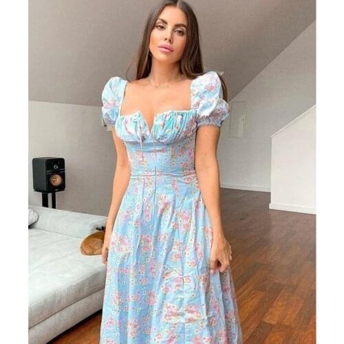 Autumn Women Flroal Printed Dress Elegant Short Puff Sleeve Lace Up Split Long Maxi Dresses Chic Robes Female Vestidos Sundress