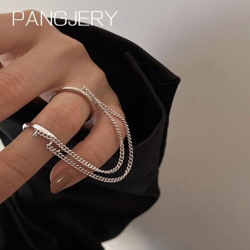 PANGJERY 925 Sterling Silver Opening Rings for Women Fashion Punk Hiphop Rock Creative Double Layer Chain Wedding Jewelry Gifts
