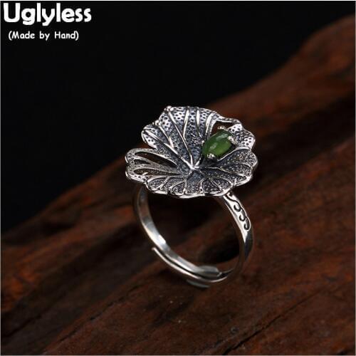 Uglyless 100% Real Solid 925 Sterling Silver Handmade Thai Silver Lotus Leaf Finger Rings for Women Nature Jade Open Ring Bijoux