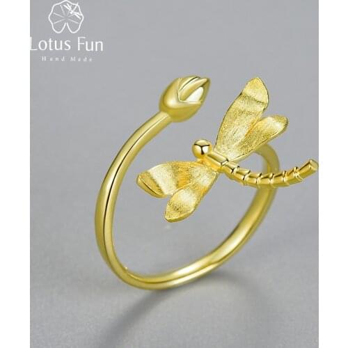 Lotus Fun Luxury 925 Sterling Silver 18K Gold Unusual Dragonfly Lotus Bud Adjustable Rings for Women Original Jewelry 2021 Trend