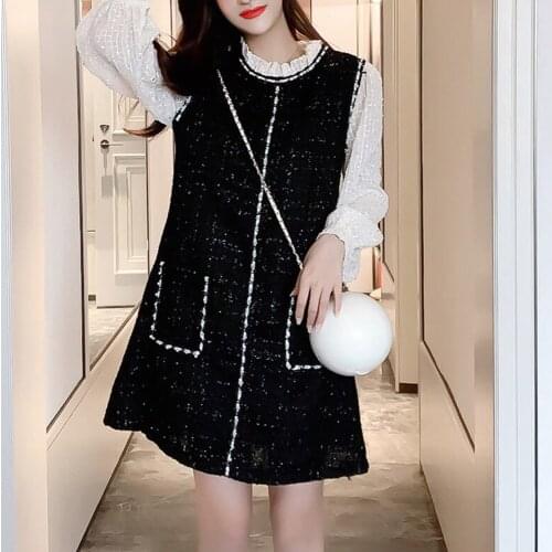 Fake Two Piece Patchwork Tweed Woolen Dress Women Long Sleeve Vintage Sequins Korean Elegant Vestido Da Festa 2021 New Winter
