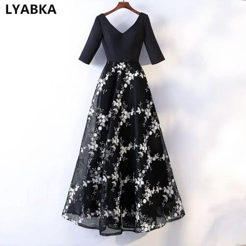 2020 Three Quarter Evening Dress A-line Robe De Soire Abendkleider Sexy V-Neck Real Photo Black Evening Dresses Vestido De Festa