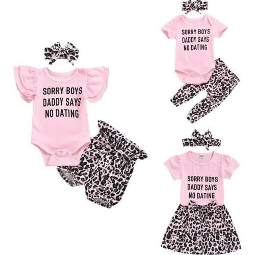 Summer Kid Baby Girl Romper Letters Pink Tops Leopard Shorts Pants Dress 3Pcs Leopard Print Outfit Matching Set