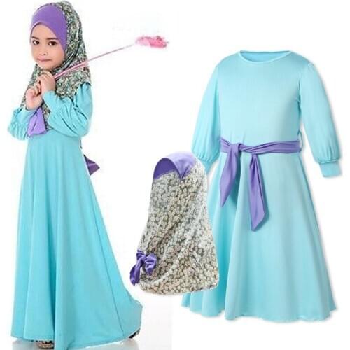 Girl Kids Clothes Islamic Long Muslim Abaya Flower Printed Hijab Long Sleeves Kids Dress Clothes Girl Kids Outfits Clothing