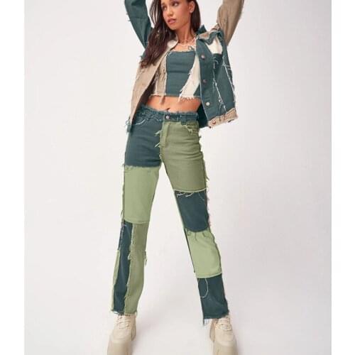 Women’s Patchwork Skinny Straight Jeans Fashion Color Block High-waist Long Denim Pants with Pocket Casual Hip Hop Outfits