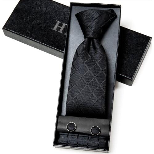 Hi-tie Business Gift for Men Necktie for Men Black Plaid Classic Luxury Silk Mens Tie Fashion Hanky Cufflinks Set High Quality