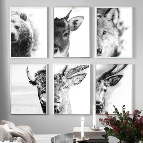 Animals Bear Deer Wolf Yak Wall Art Canvas Painting Nordic Posters And Prints Black White Wall Pictures For Living Room Decor