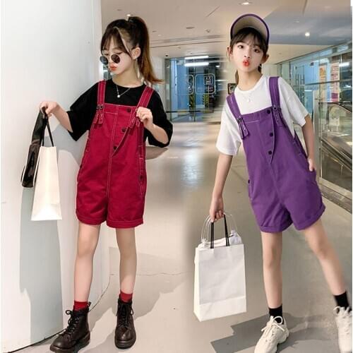 100% Cotton Solid Wine Red Short Overalls For Girls Age 5 TO 13 Yrs Teens Girl Short Suspender Bib Pants For Summer High Quality
