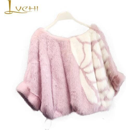 LVCHI 2019 Real Mink Fur Coats Womens Coat Full Pelt Causal Half Batwing Sleeve Pullover Contrast Color Slim Print Mink Coats