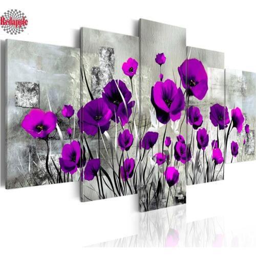 DIY Diamond Painting Cross Stitch Kit Diamond Embroidery purple poppy flower Full rhinestone Diamond Mosaic Needlework 5pcs/set