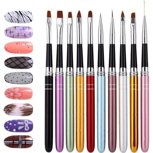 10Pcs/lot Nail Art Brush Set 10 Colors Different Sizes Copper Handle Design Polish Nylon UV Gel Painting Nail Brushes New 2020