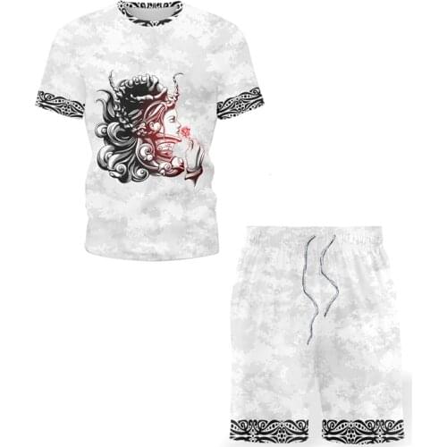 2021 Summer New Mens Sets Chinese Harajuku O-neck Print T-Shirt Fashion Sports Shorts Sportswear Casual Sweatshirt Tshirt