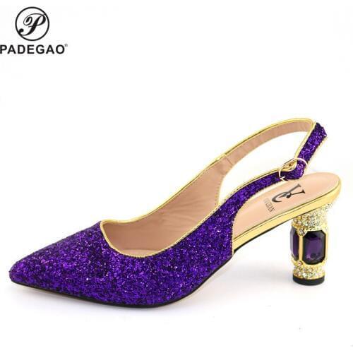 Purple color Wedding Shoes with Rhinestone Square Heels Pumps for Party Elegant Italian Design Women Wedding Sandals