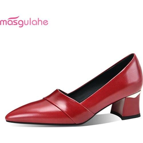 Masgulahe 2021 New Arrival Fashion Women Pumps Genuine Leather High Heels Shoes Spring Summer Solid Color Single Shoes