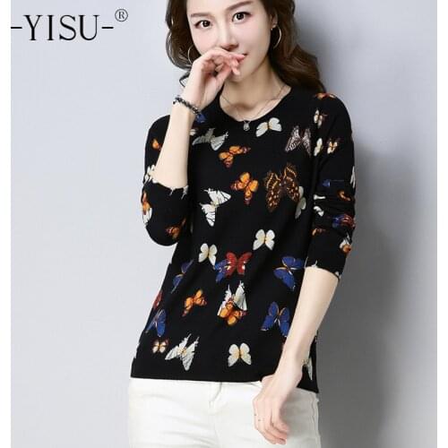 YISU autumn Print Sweaters Women 2018 Winter butterfly Print Long sleeves Sweater Casual Pullovers soft warm Knitted sweaters