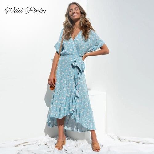 WildPinky Boho Print Summer Dress Women Casual Ruffle Wrap A-line Midi Dress Robe Holiday Elegant Dresses Asymmetry Vestidos