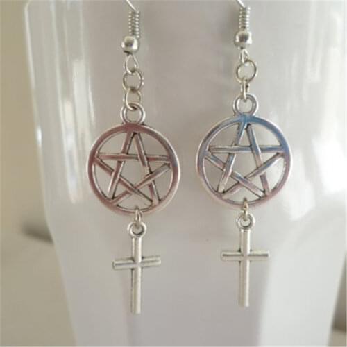Pentagram, Cross, Pistol, Moon Earrings Hug Hoop Pendant Witch Jewelry Pagan Wikentaro Gothic Emo Womens Gift